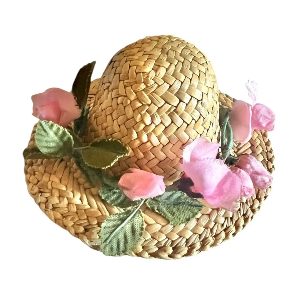 Doll’s Straw Hat with Pink Silk Flowers Rosebuds 4